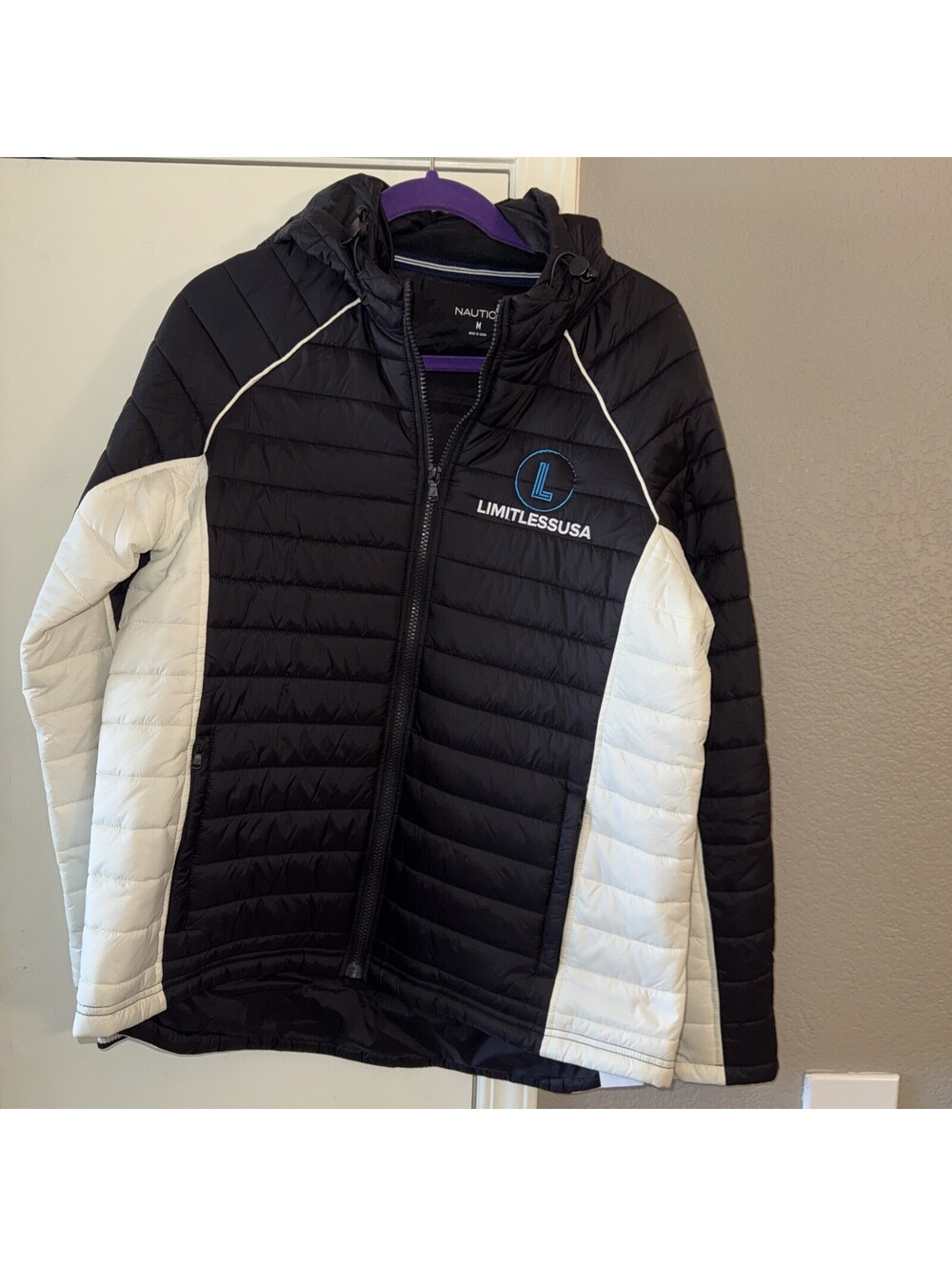 Nautica Black White Full Zip Puffer Jacket Medium Limitless Corporate Logo